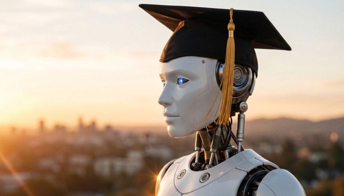 humanoid robot wearing a graduation cap staring at sunset over a cityscape